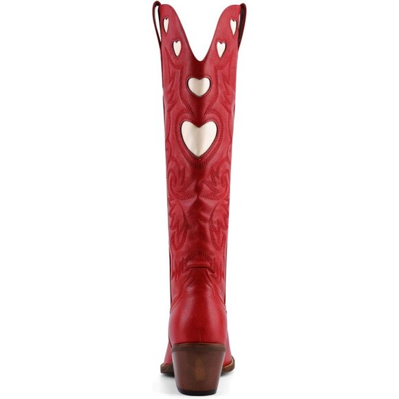 Women's Red Wide Calf Round Toe Chunky Stacked Heel Knee High Cowgirl Boot - Picture 9 of 9